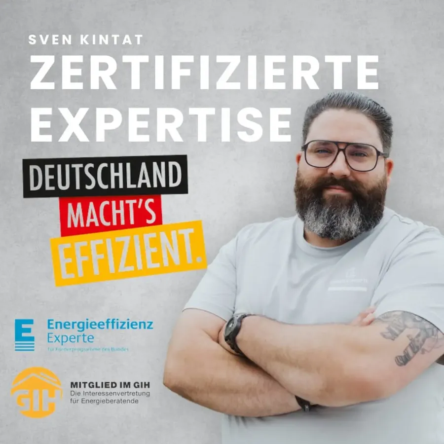 Sven Kintat mit verschränkten Armen, daneben die Hinweise Energieeffizienz-Experte und Mitglied im GIH